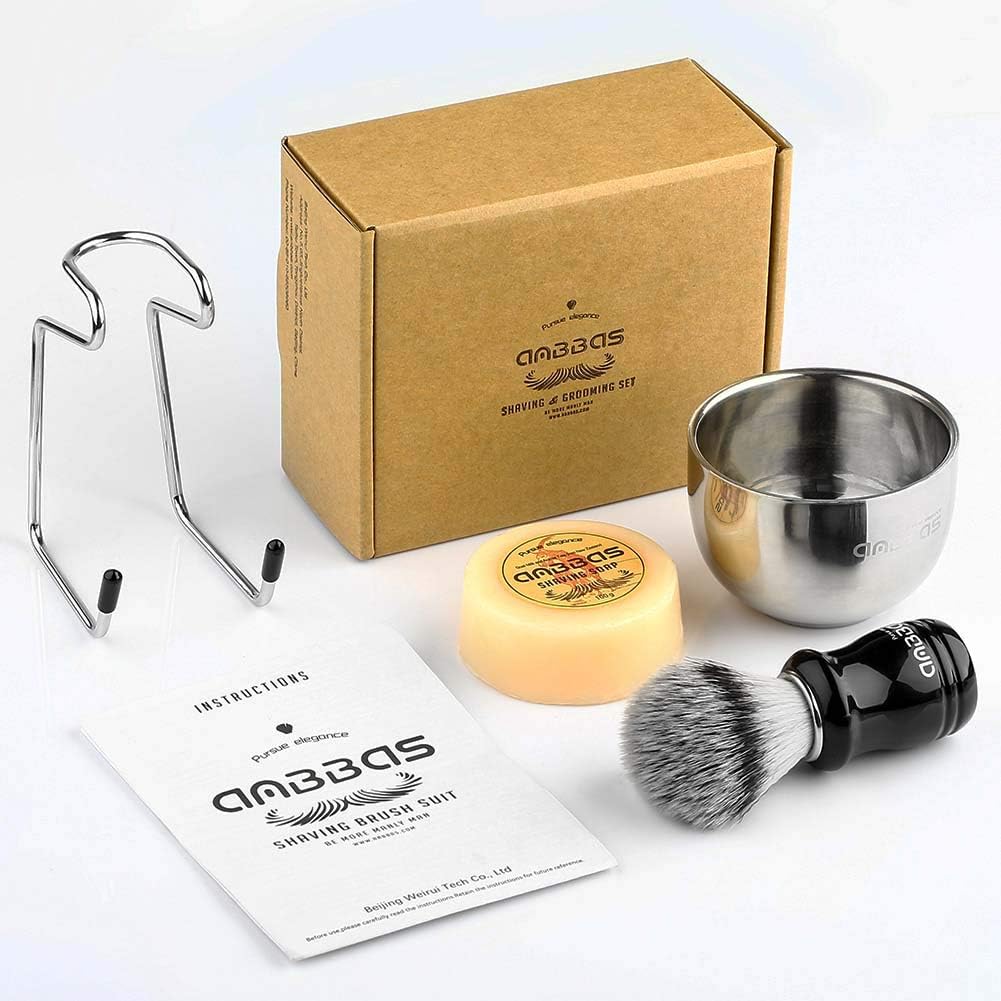 Anbbas Herren Rasierset Geschenk Set 4IN1 Rasierpinsel Kunsthaar Rasierseife Rasierschale und Rasier