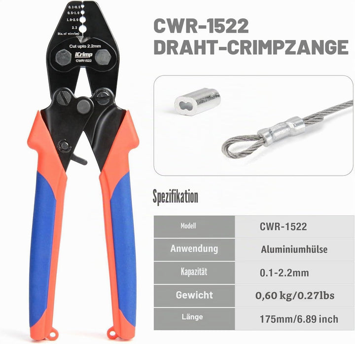 iCrimp CWR1522 Drahtseil Crimp Set 150 Hülsen mit Schneider 0.1 mm - 2.2 mm (with 150 Aluminum Sleev