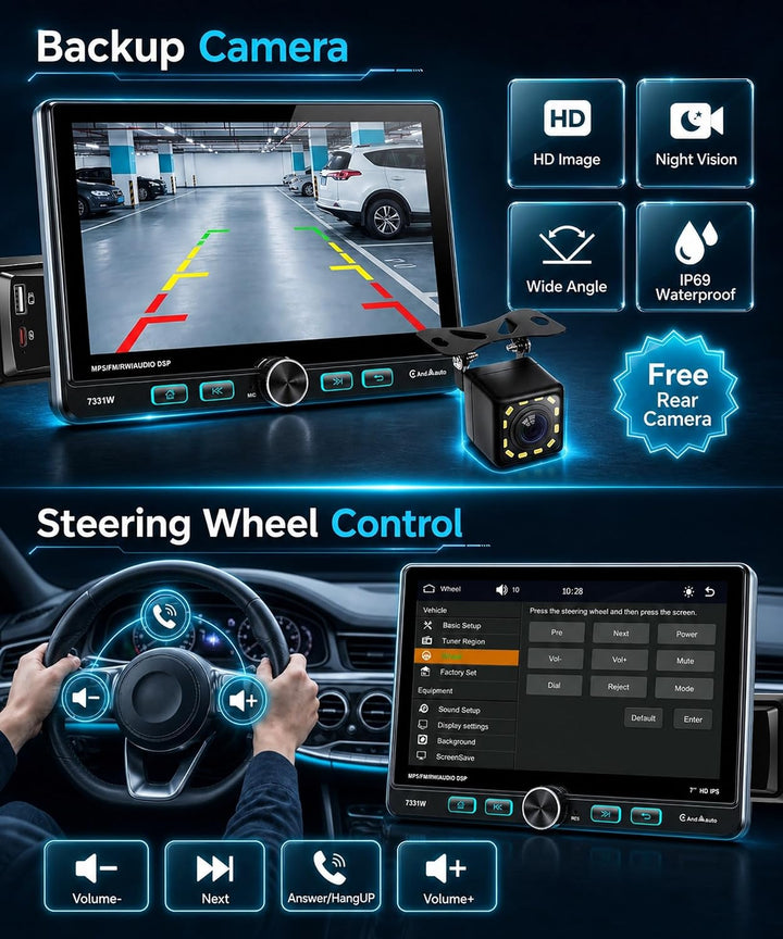 VECHTEL 7" Autoradio 1 Din mit Verstellbarer Touchscreen Wireless Carplay Android Auto,FM/AM/RDS Rad