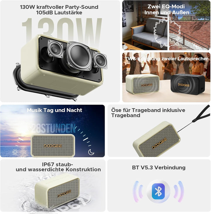 Field Rush Tragbarer Lautsprecher, Kabellos Koppelbar Lautsprecher über 28 Stunden Spielzeit, IP67 S