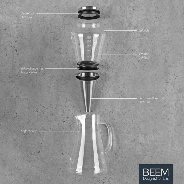 Beem Cold Drip Kaffeebereiter für 0,5l Borosilikatglas/Edelstahl Silber-Transparent, Masse: 14cm x 1