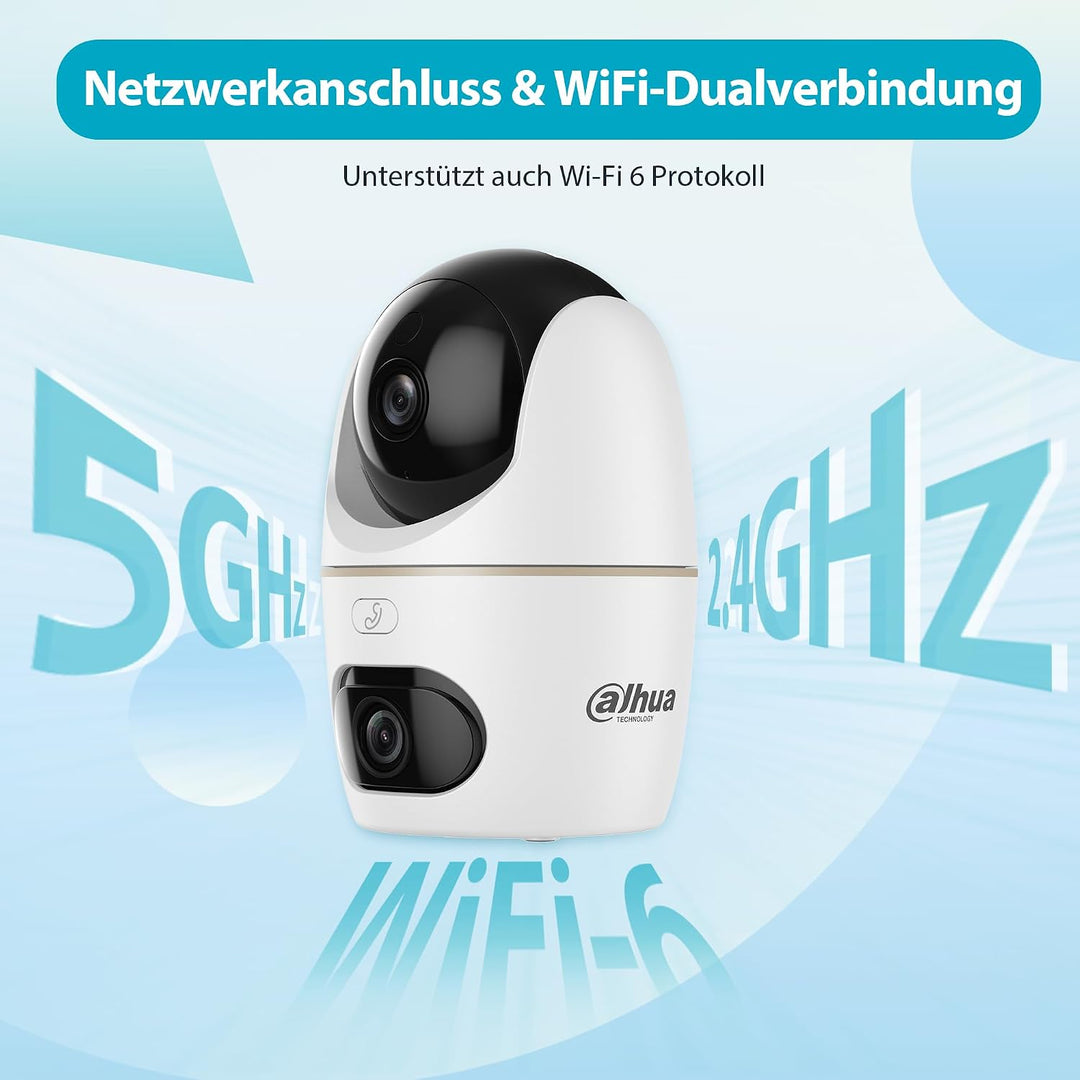 Dahua Dual-Lens Pan Tilt Innenkamera 3+3MP, 2.4/5GHz WLAN, KI Personen-/Tiererkennung, Farbnachtsich