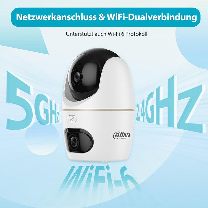 Dahua Dual-Lens Pan Tilt Innenkamera 3+3MP, 2.4/5GHz WLAN, KI Personen-/Tiererkennung, Farbnachtsich