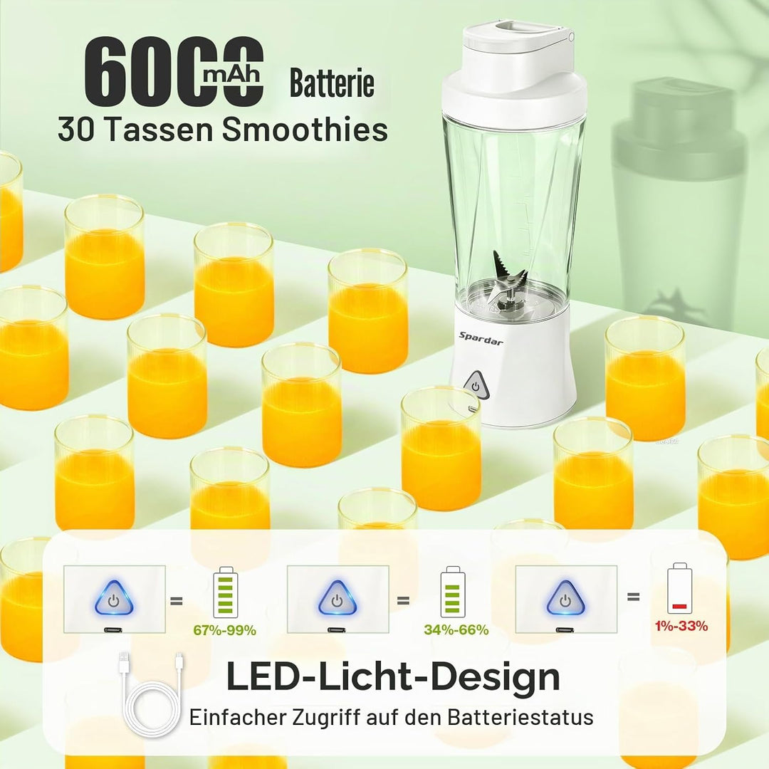 Smoothie Maker to go, 700 ml Portable Blender, 6000 mAh, Selbstreinigungsfunktion, Inklusive 6 Schar