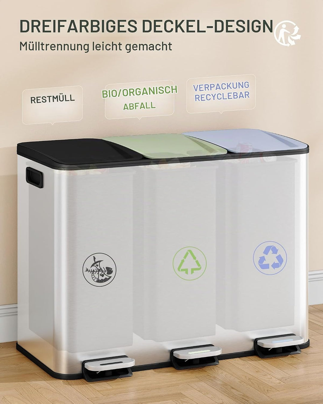 Hzuaneri Mülleimer Küche, 3 x 18 L, Mülltrennsystem 3 Fächer, Mülleimer mit Farbigem Soft-Close-Deck