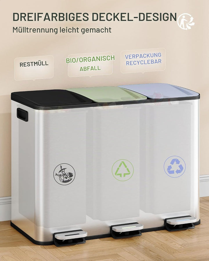 Hzuaneri Mülleimer Küche, 3 x 18 L, Mülltrennsystem 3 Fächer, Mülleimer mit Farbigem Soft-Close-Deck