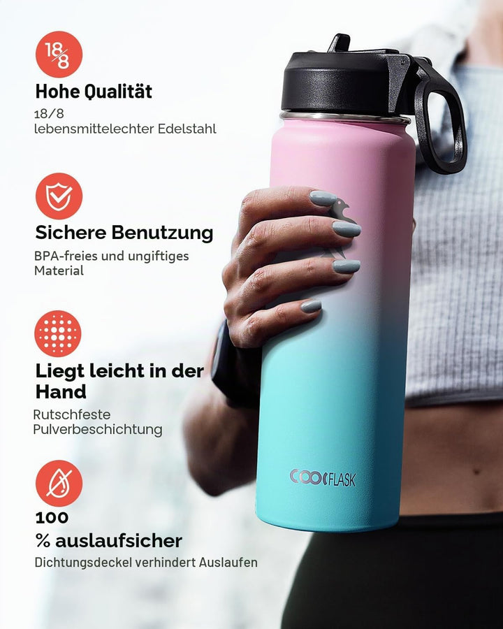 Coolflask Wasserflasche 24 oz isoliert mit Strohhalm, rostfreier Stahl 3 Deckel Wasserflasche mit br