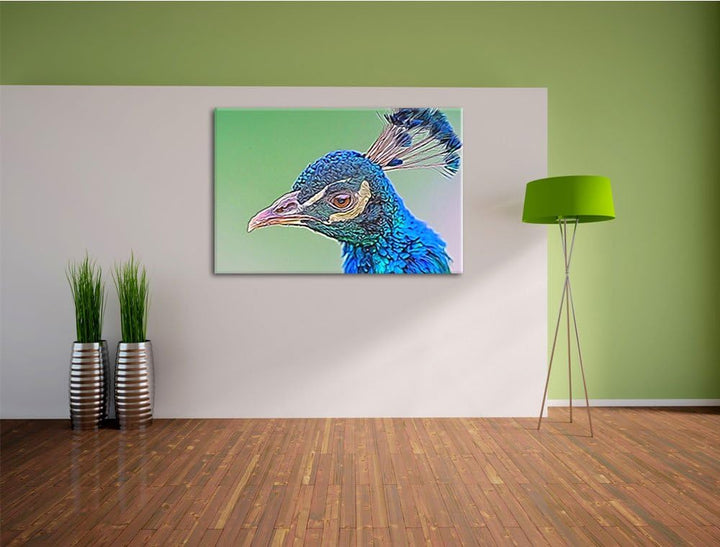 schöner farbenfroher Pfau Deluxe Format: 100x70 cm auf Leinwand, XXL riesige Bilder fertig gerahmt m