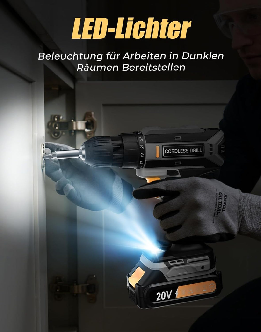 Akkuschrauber, 20V Akku Bohrschrauber, 25+1 Drehmomentstufen Akkubohrer, 42Nm Max Drehmoment, LED-Li
