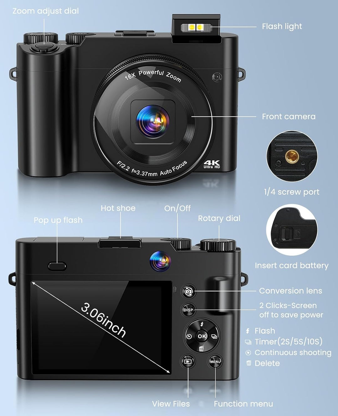 4K 64MP Digitalkamera mit Dual‑Bildschirm für Selfies, Kompaktkamera mit 32GB Karte 2 Batterien für