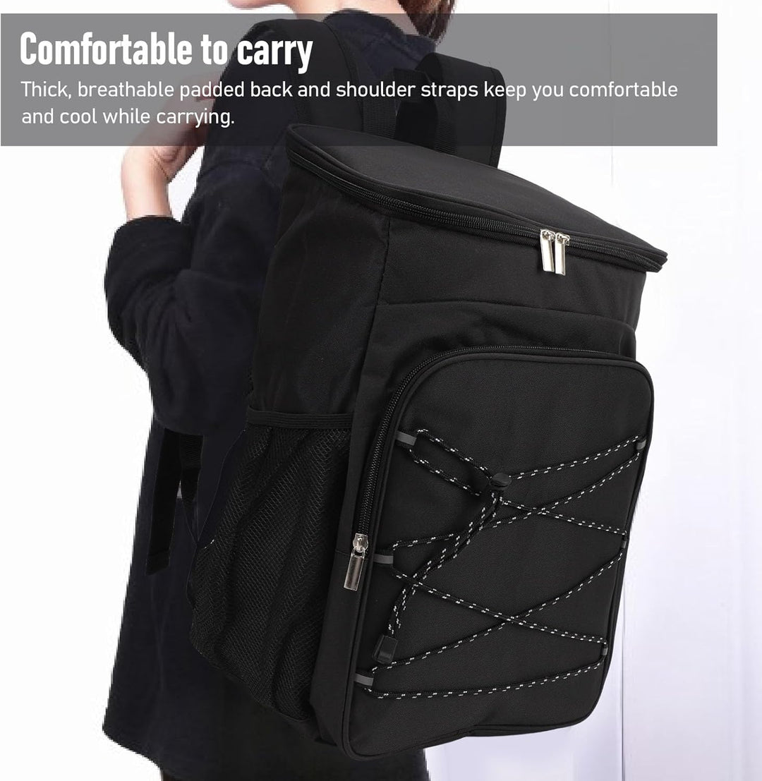 Kühlrucksack Gross, Wasserdichter Camping Rucksack mit Kühlfach und Seitentaschen, Schwarz, für Outd