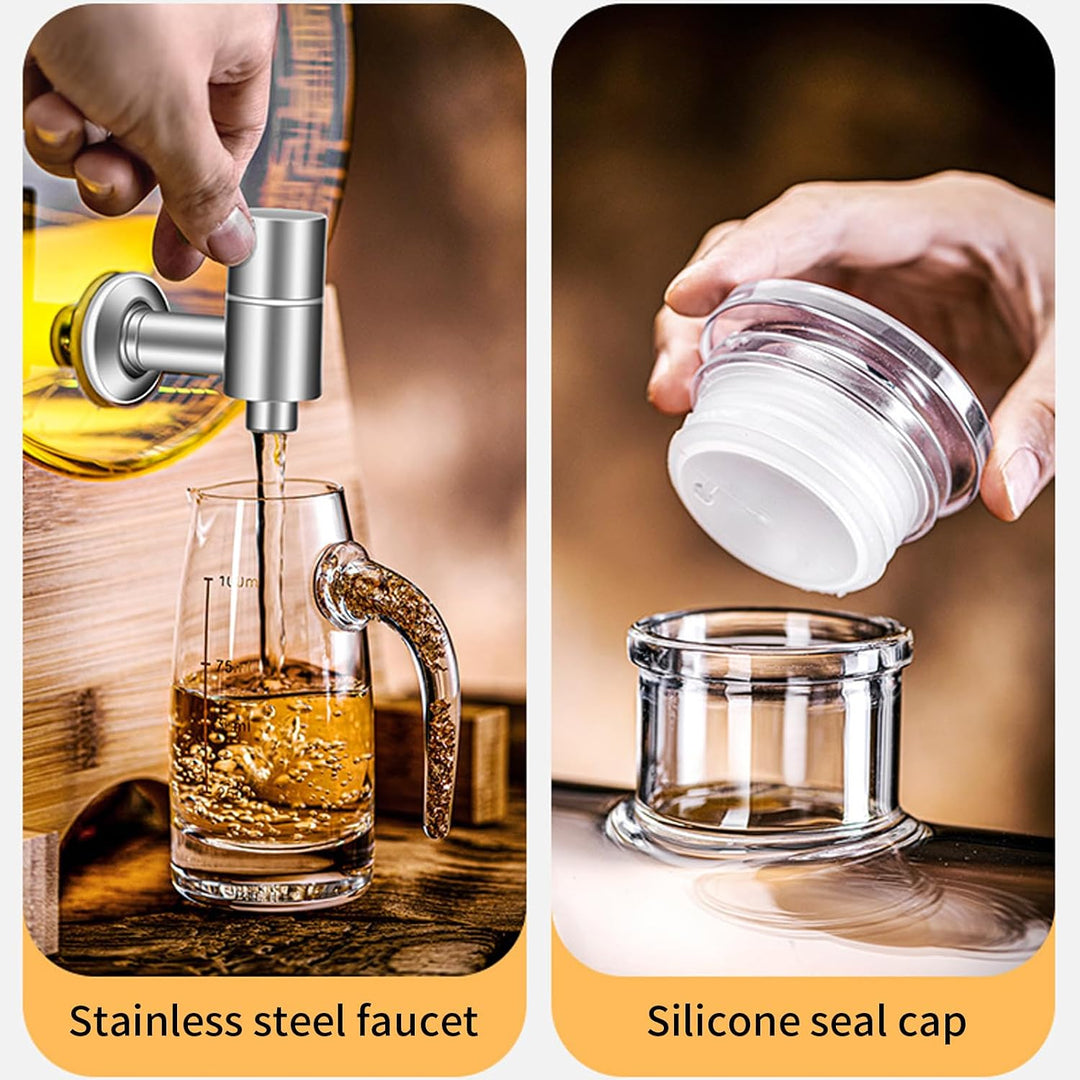 Glas Weinfass mit Hahn, Whisky Dekanter Set mit Ständer, Fassförmiger Getränkespender aus Glas 3-5L,