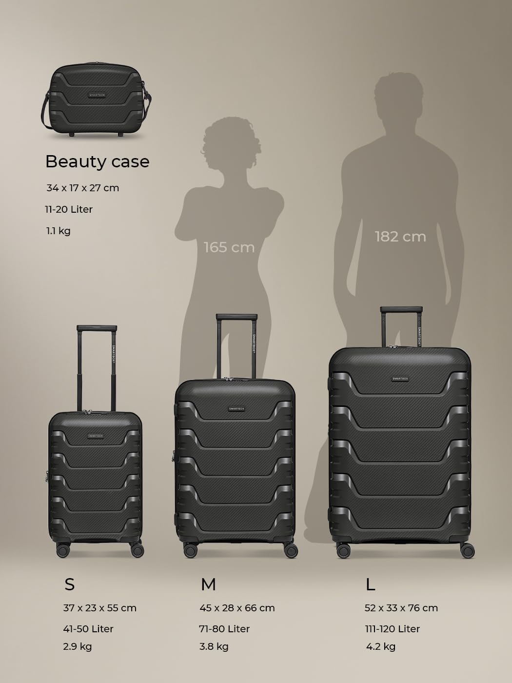 Smartbox Kabinenkoffer Erweiterbar 37x23x55 cm, 42–48L Handgepäck Koffer, Leichter Hartschalen Troll