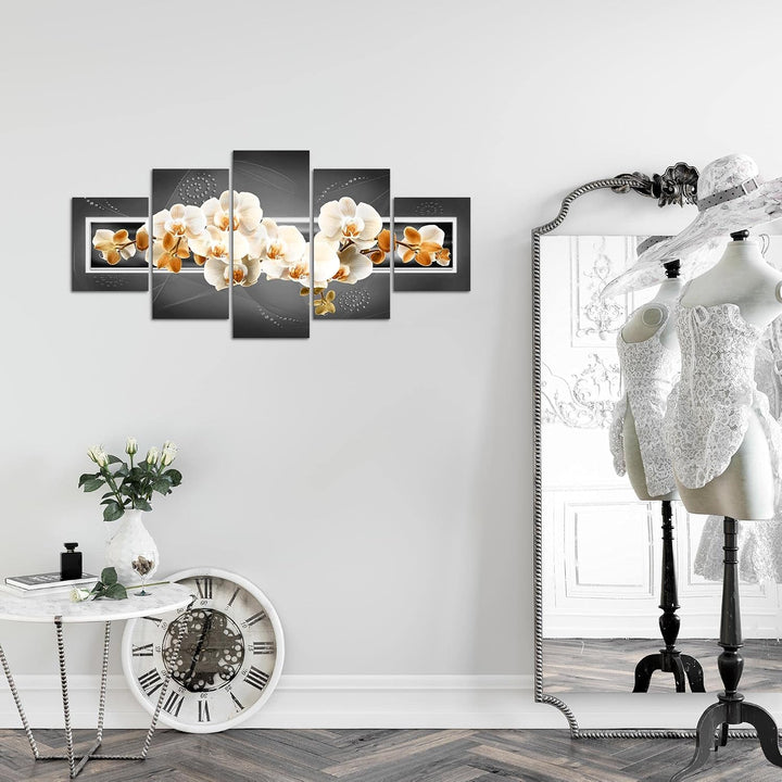 Runa Art Wandbilder Blumen Orchidee 5 Teilig Bild auf Vlies Leinwand Deko Wohnzimmer Abstrakt Grau B