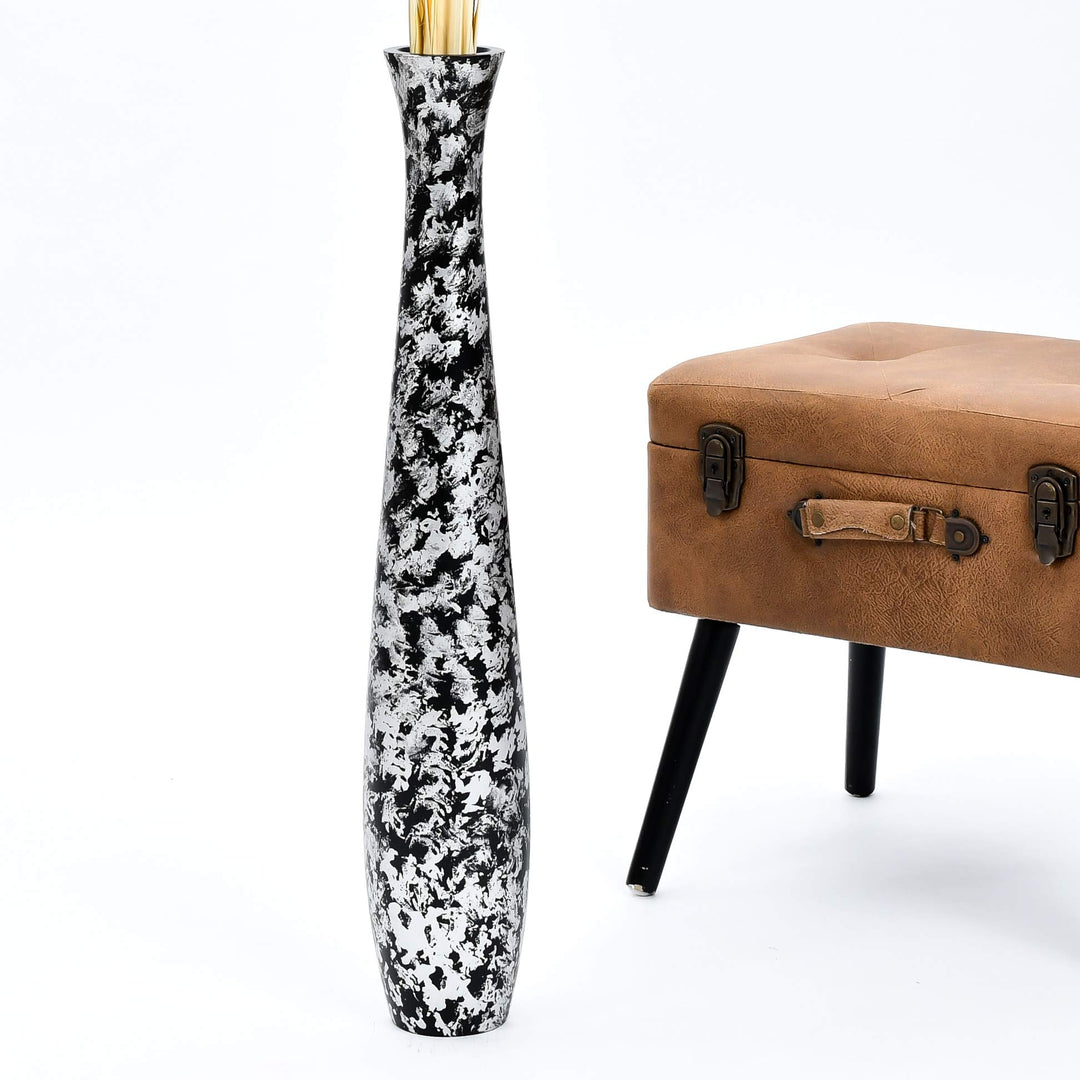 Leewadee Grosse Bodenvase für Dekozweige hohe Standvase Design Holzvase, Holz, 70 cm, Schwarz Silber