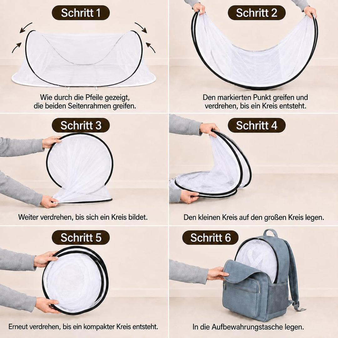 Moskitonetz Bett Pop Up mit Boden und Reissverschluss, verstellbar 90x200cm