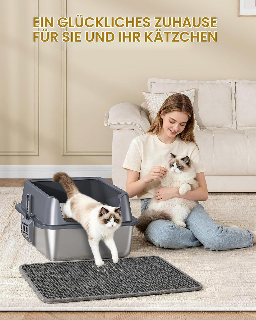 Hzuaneri Katzenklo Edelstahl XXL, 60 × 40 × 26 cm, Katzenklo mit Hoher Rand, mit XL-Matte, Schaufel,