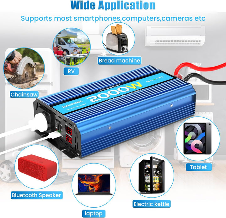 Wechselrichter 2000W Reiner Sinus Spannungswandler 12V auf 230V Power Inverter DC Umwandler mit 2 AC