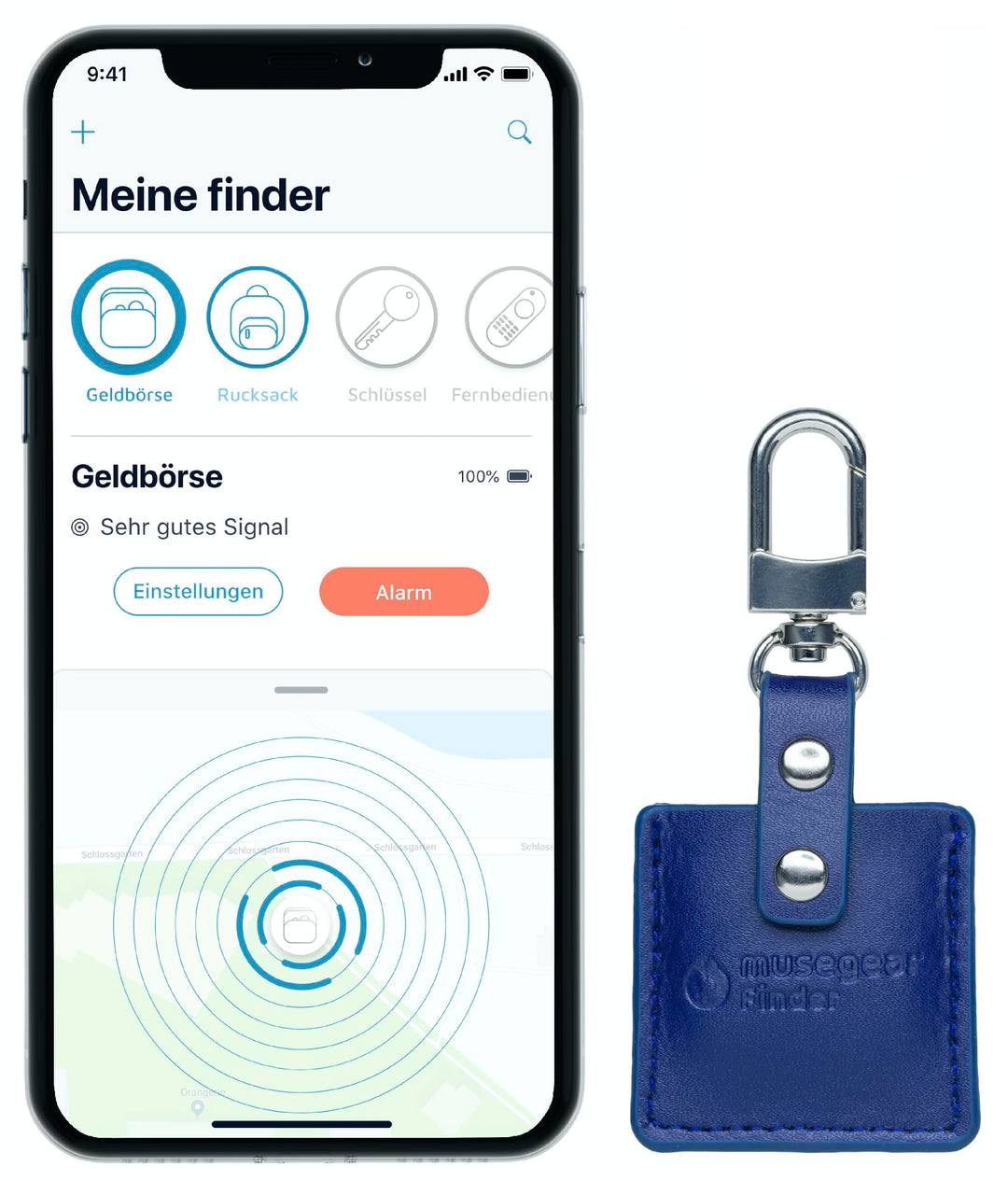 musegear Schlüsselfinder mit Bluetooth App aus Deutschland in dunkelblauer Leder-Tasche I Finder hel