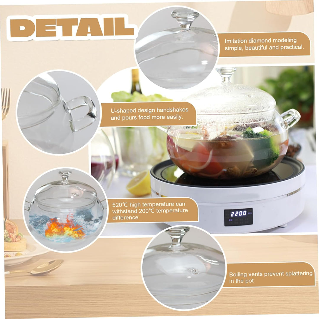 Glastöpfe zum Kochen auf Herd 2 Liter Borosilikat-Glas-Topf mit Deckel und U-förmigen Griffen, Mikro
