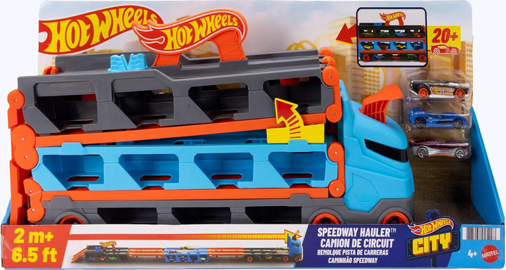 Hot Wheels 2:1 Autorennbahn zu Transporter, inkl. 3 Spielzeugautos, mit Doppelstarter, Auslösefunkti