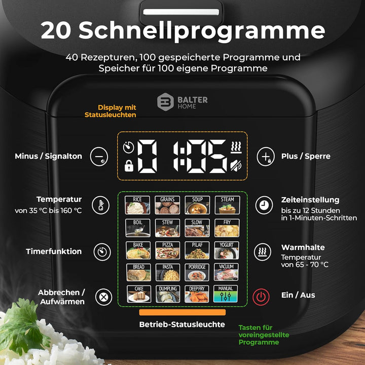 Balter Reiskocher, Multikocher mit 20 Programme, 4L Rice Cooker, Multicooker, Fuzzy-Logic, Dampfgare