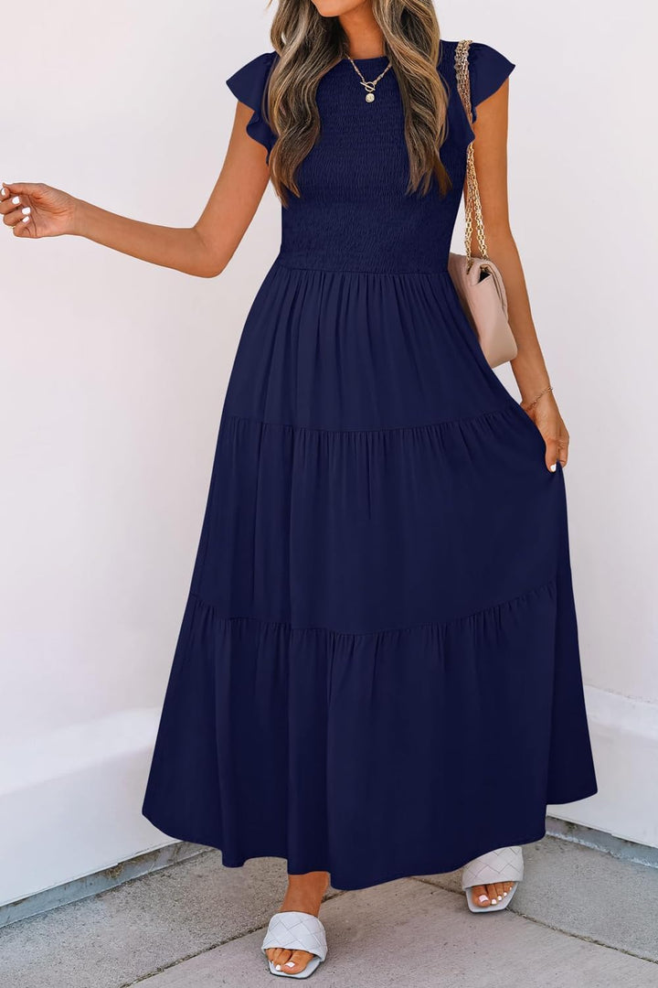 Damen Sommerkleid A Linie Kleider Kurzarm Kleid Midi Freizeitkleid M Dunkelblau, M Dunkelblau