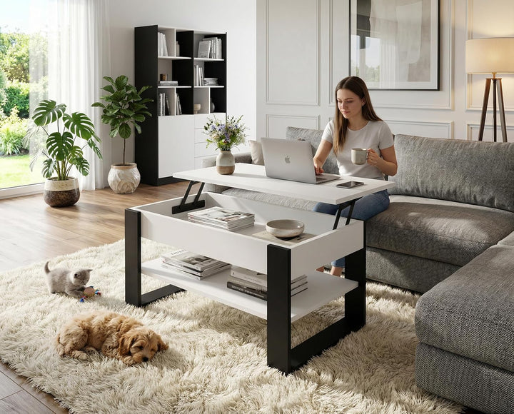 Couchtisch mit anhebbarer Platte | Höhenverstellbarer Wohnzimmertisch mit Stauraum | Sofatisch Weiss