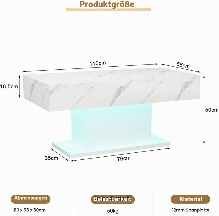 KEEPREAPER Couchtisch Hochglanz mit LED Beleuchtung modern Weiss marmor, Weiss Marmor