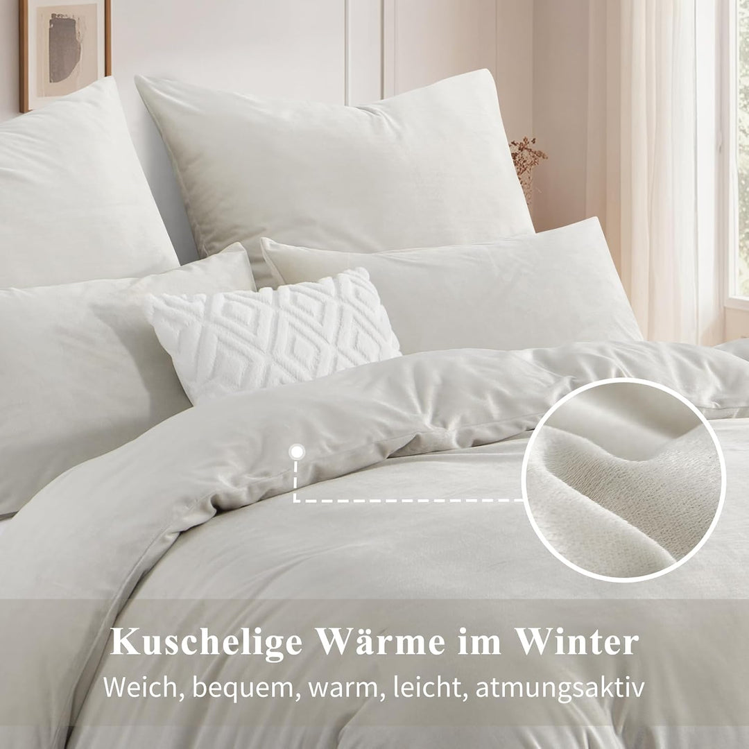 Aisbo Winter Plüsch Bettwäsche 200x200 3teilig Beige - Flanell Flauschige Warme Bettbezug und 2 Kiss