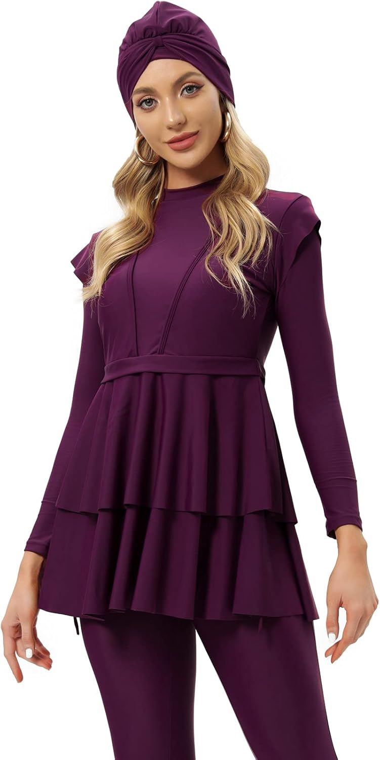 seafanny Damen Modest Badeanzug Langarm Burkini Full Cover Muslim Badeanzug 38 Wein Rot, 38 Wein Rot