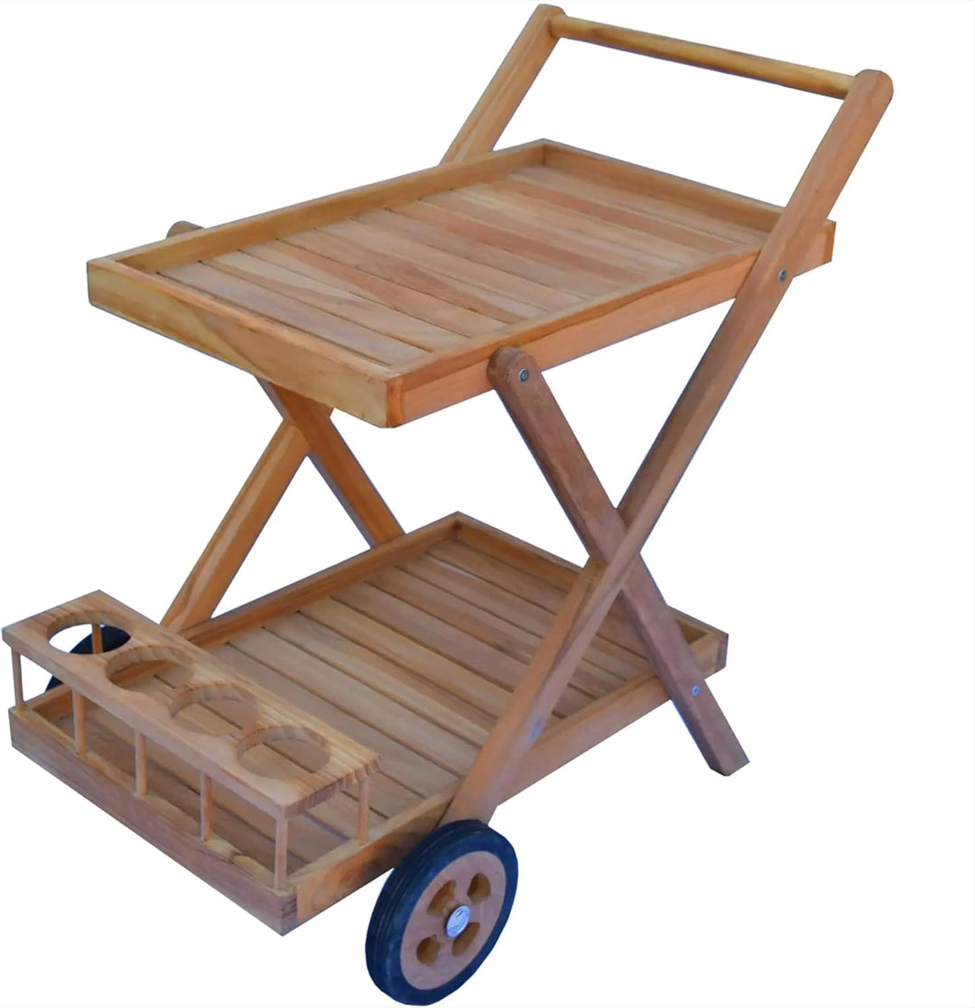 Servierwagen Teakholz Teramo mit 2 Ablagen Massivholz Wetterfest, 70 x 45 x 60 cm, Rollwagen, für Au