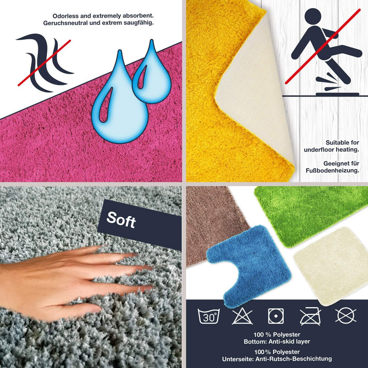 WohnDirect Badematten Set - WC Vorleger (45x45cm), Badematte (60x100cm) - rutschfest waschbar Badezi