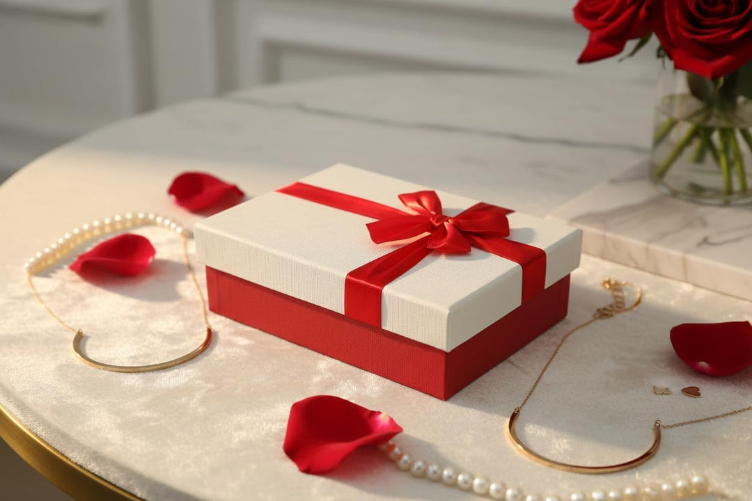 Emartbuy Starre Geschenkbox, 38 x 27 x 10 cm, strukturierte rote Box mit weissem Deckel, braune Inne