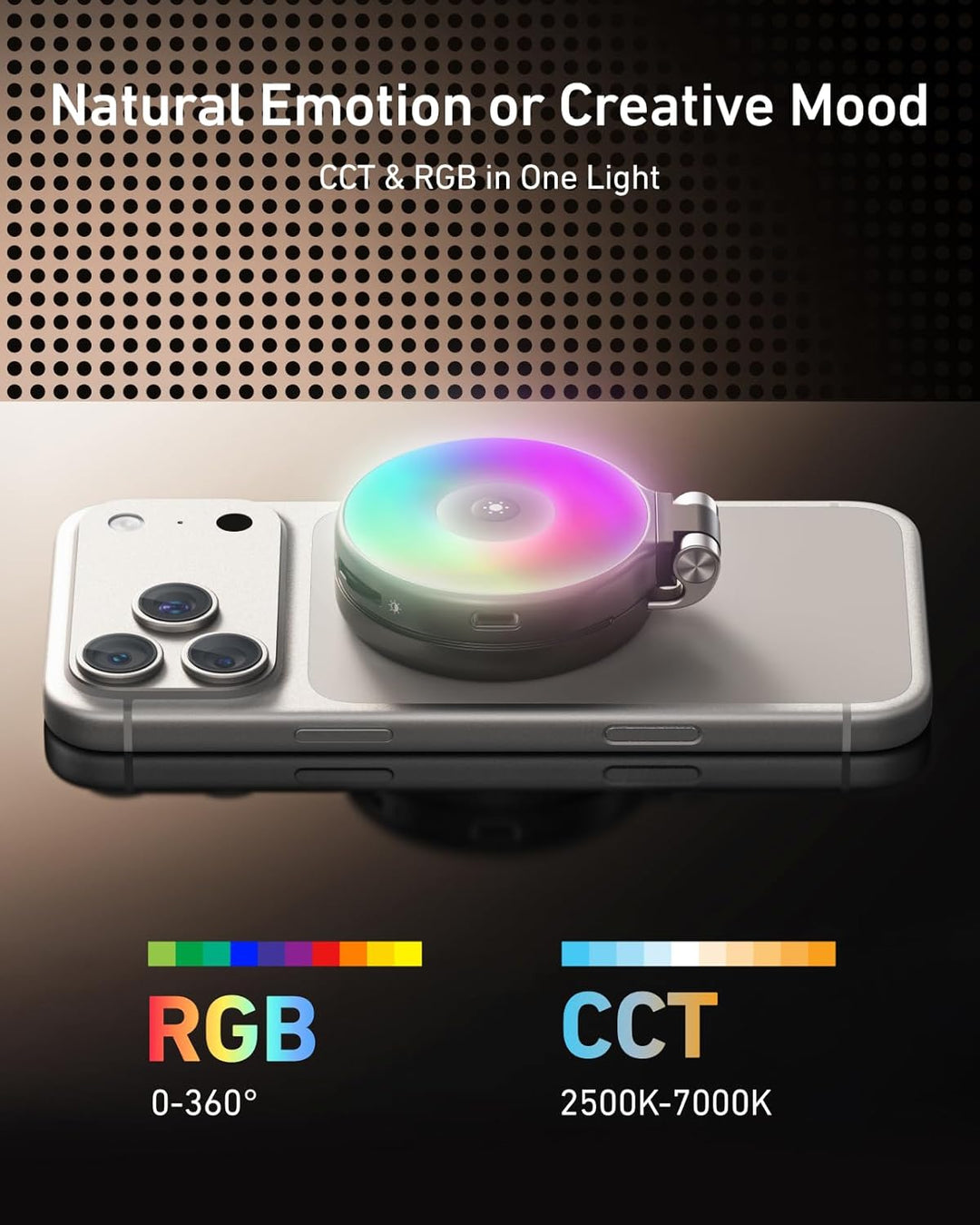 TELESIN 4-in-1 RGB-Ringlicht für iPhone/Samsung mit Spiegel und Halterung Schwarz, Schwarz