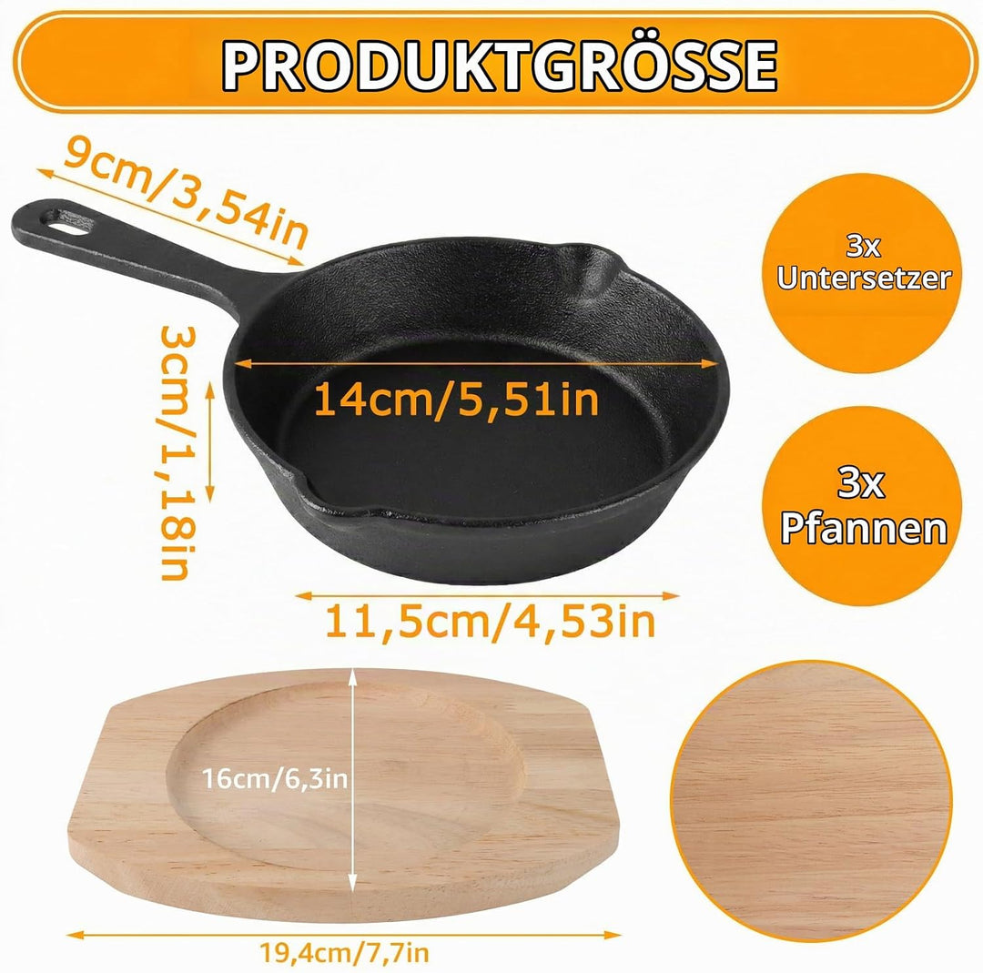 SHUESS 3er Set Gusseisenpfanne Klein Bratpfannen(Gusseiserne Pfanne 14cm) mit Holzbrett - Kleine Pfa
