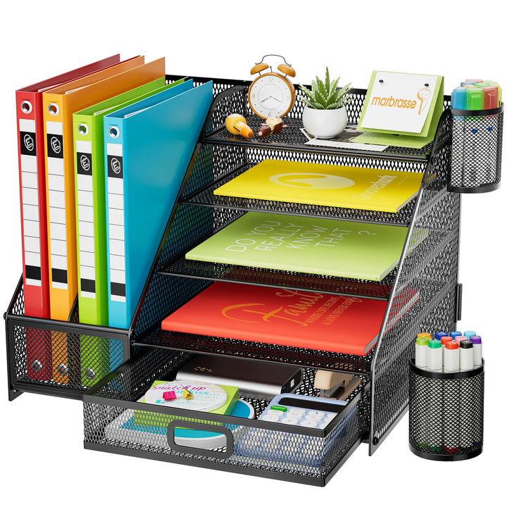 Marbrasse Schreibtisch Organizer,5 Ebenen Papier-Briefablage mit Schublade und 2 Stifthalter,Netz-Sc