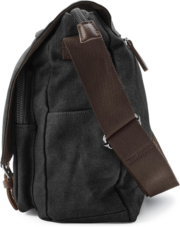 Trendhim Messenger Bag Herren | Canvas Umhängetasche mit Lederdetails &amp; Laptopfach | Schultertasche