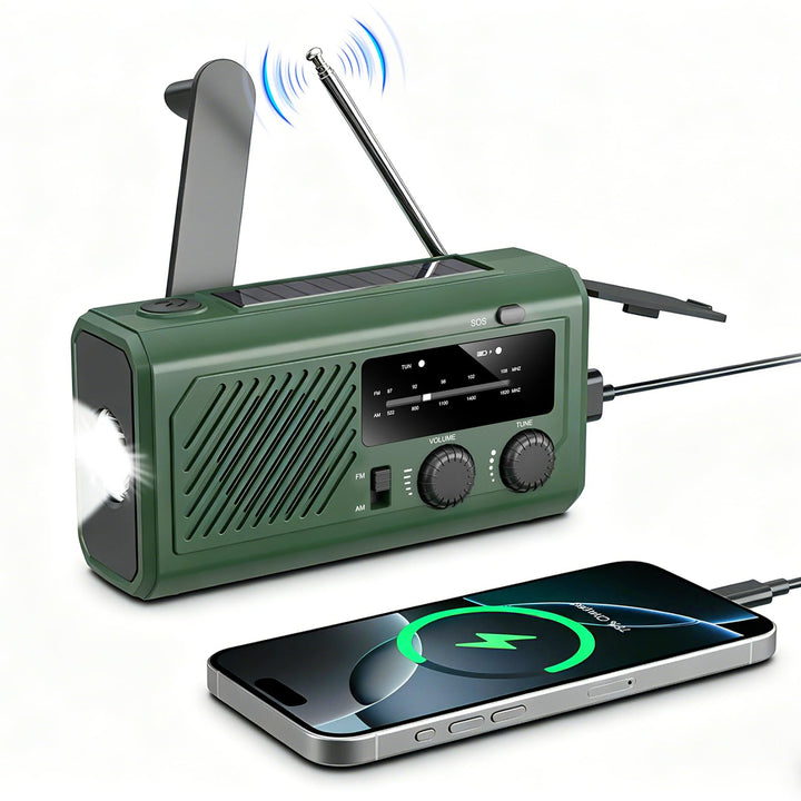 4000mAh Kurbelradio Notfallradio mit Powerbank, Solar &amp; USB Aufladbar, AM/UKW Radio mit SOS-Alarm, L