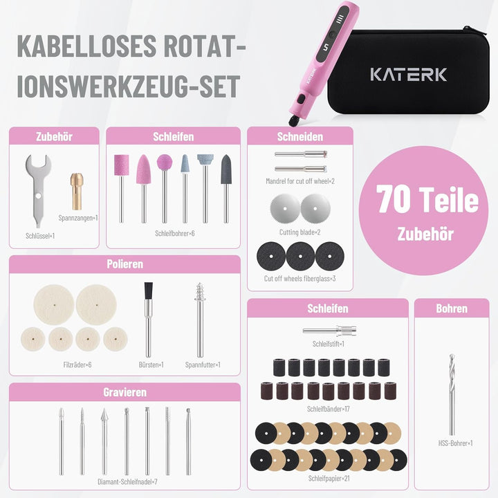 Katerk Mini Akku Multifunktionswerkzeug,5 Gang Rotationswerkzeug Set,5000-20000 U/min &amp; 70 Zubehörte