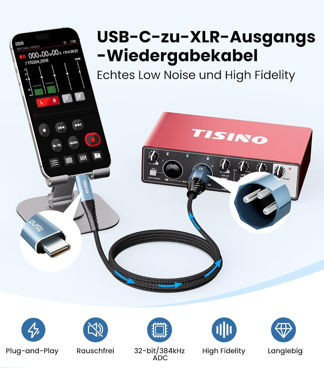 Tisino USB-C auf XLR-Stecker Audio Output Kabel, 32 Bit/384 kHz DAC, 2m, 2m