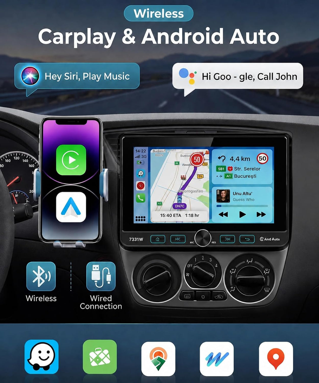 VECHTEL 7" Autoradio 1 Din mit Verstellbarer Touchscreen Wireless Carplay Android Auto,FM/AM/RDS Rad