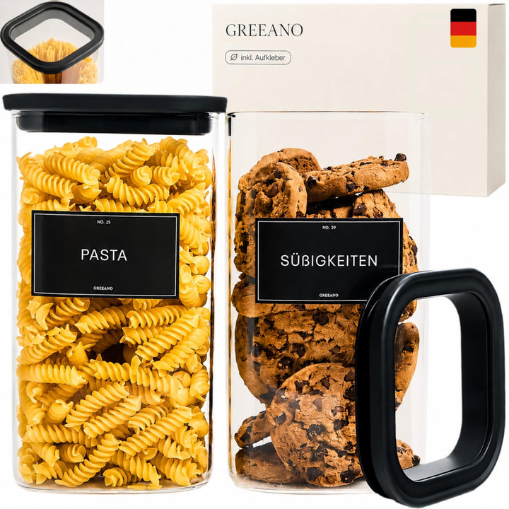 Vorratsgläser eckig mit Glasdeckel 1500ml [2er Set] – Vorratsdosen Glas luftdicht &amp; mottensicher – A