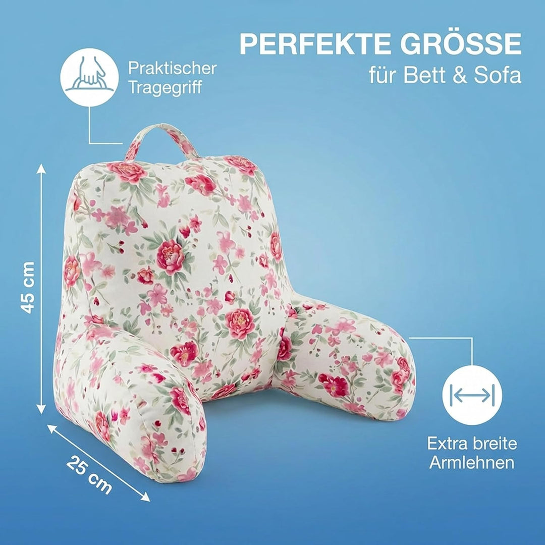 Delindo Lifestyle Lesekissen Bett mit Armlehnen, Rosen Rückenkissen für Erwachsene mit Zwei Seitenta