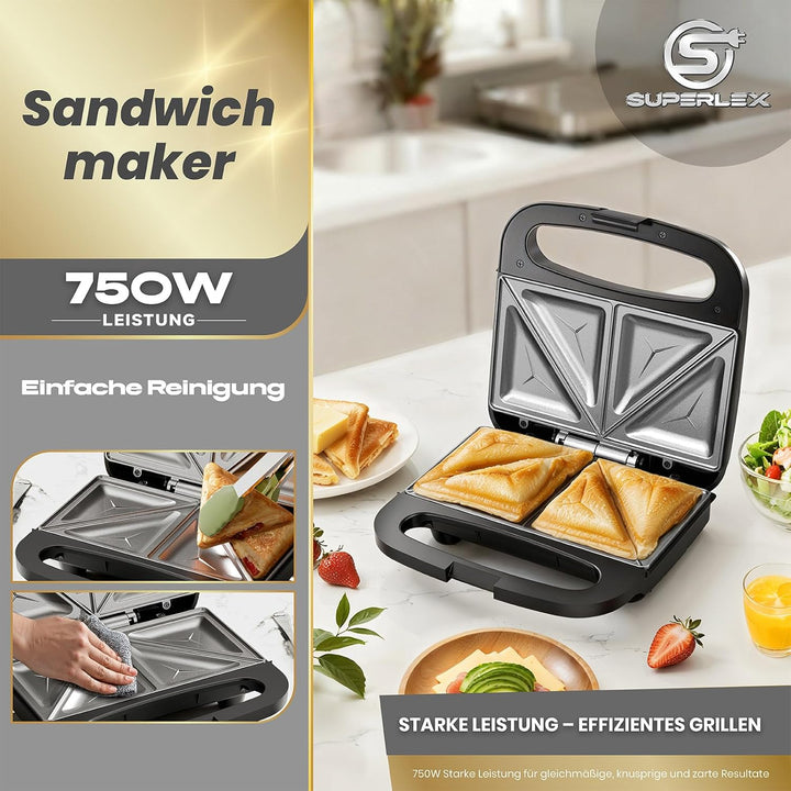 Sandwichmaker 750W mit Antihaftbeschichtung für 2 Sandwiches Automatischer Temperaturregelung Cool T