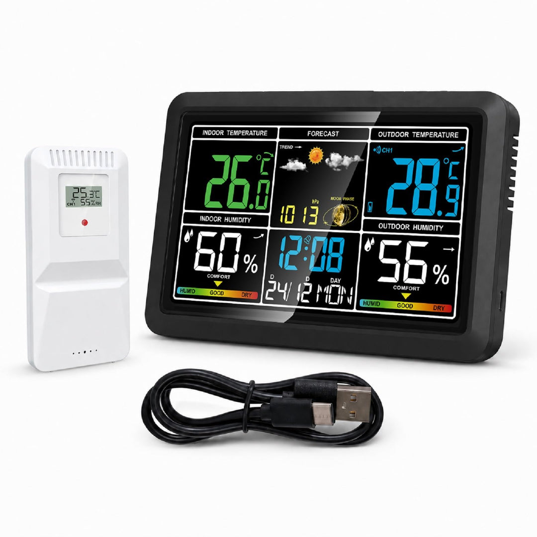 Wetterstation Funk mit Aussensensor, Innen- und Aussentemperatur, Luftfeuchtigkeit, Wettervorhersage