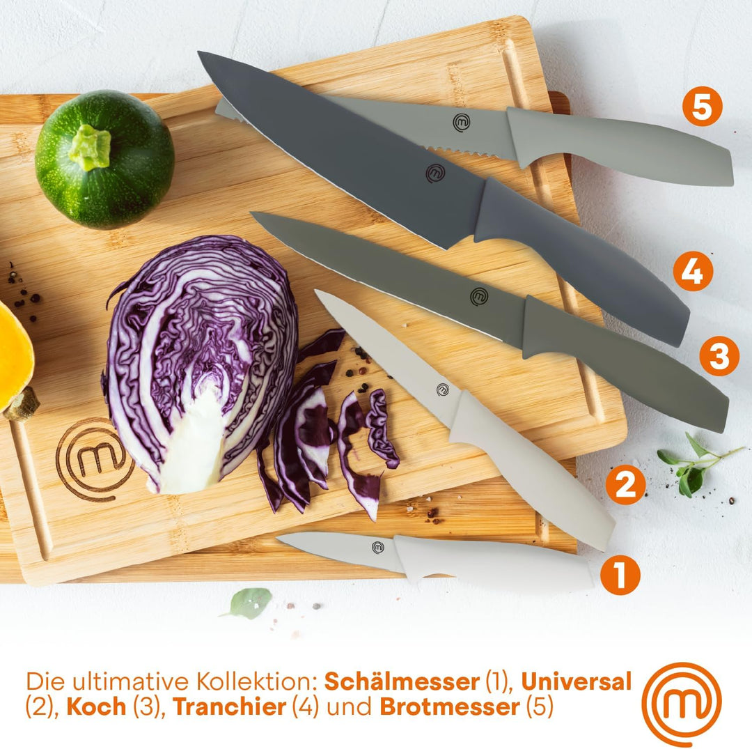 MasterChef Messerblock mit Messer, Kuchenmesser Set mit Santokumesser, Brotmesser, Kochmesser, Gemüs