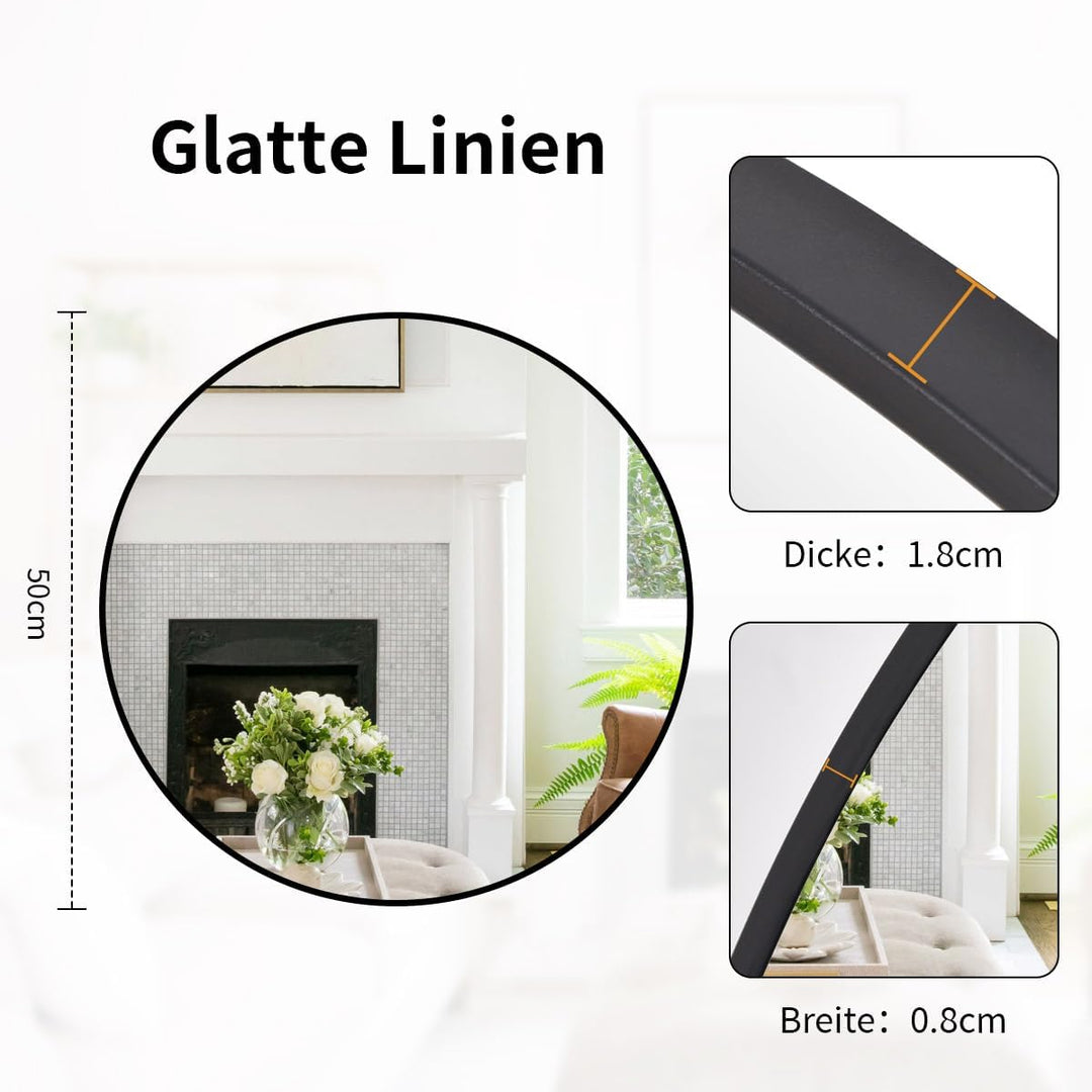 Koonmi 50cm Spiegel Rund Schwarz Runder Spiegel Wandspiegel mit Rahmen aus Aluminiumlegierung für Ba