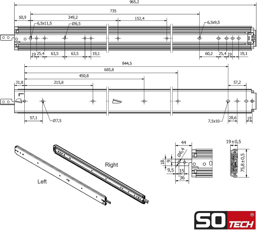 1 Paar SOTECH Schwerlastauszüge VarioSlide KV2-200-H76-L950-EH 965,2 mm mit Lock-in/out Einrastfunkt