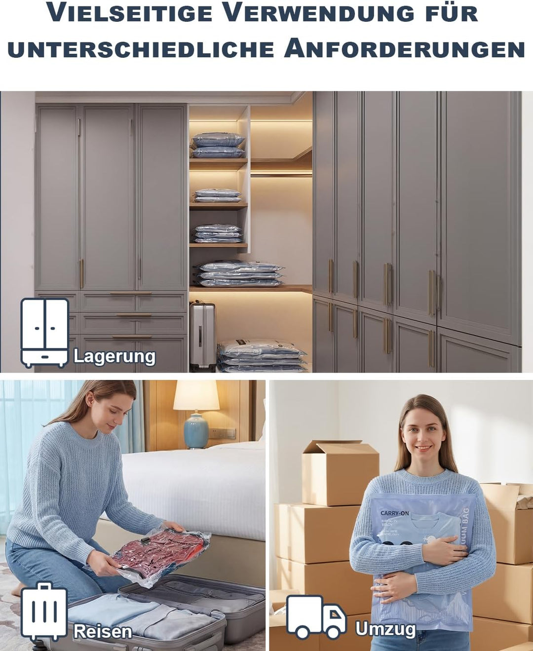 Vakuumbeutel für Kleidung mit Elektrischer Pumpe, 12er-Set Vakuumbeutel (4 * 100x80cm, 4 * 74x54cm,